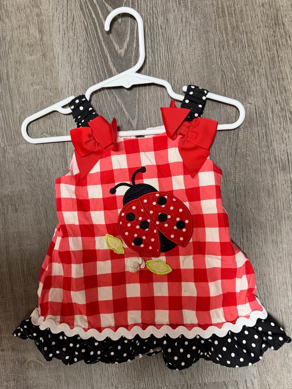 Red Gingham Ladybug Dress for Girls with Bow Straps
